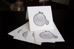 Mini notecards with a cool letterpressed penny farthing bicycle